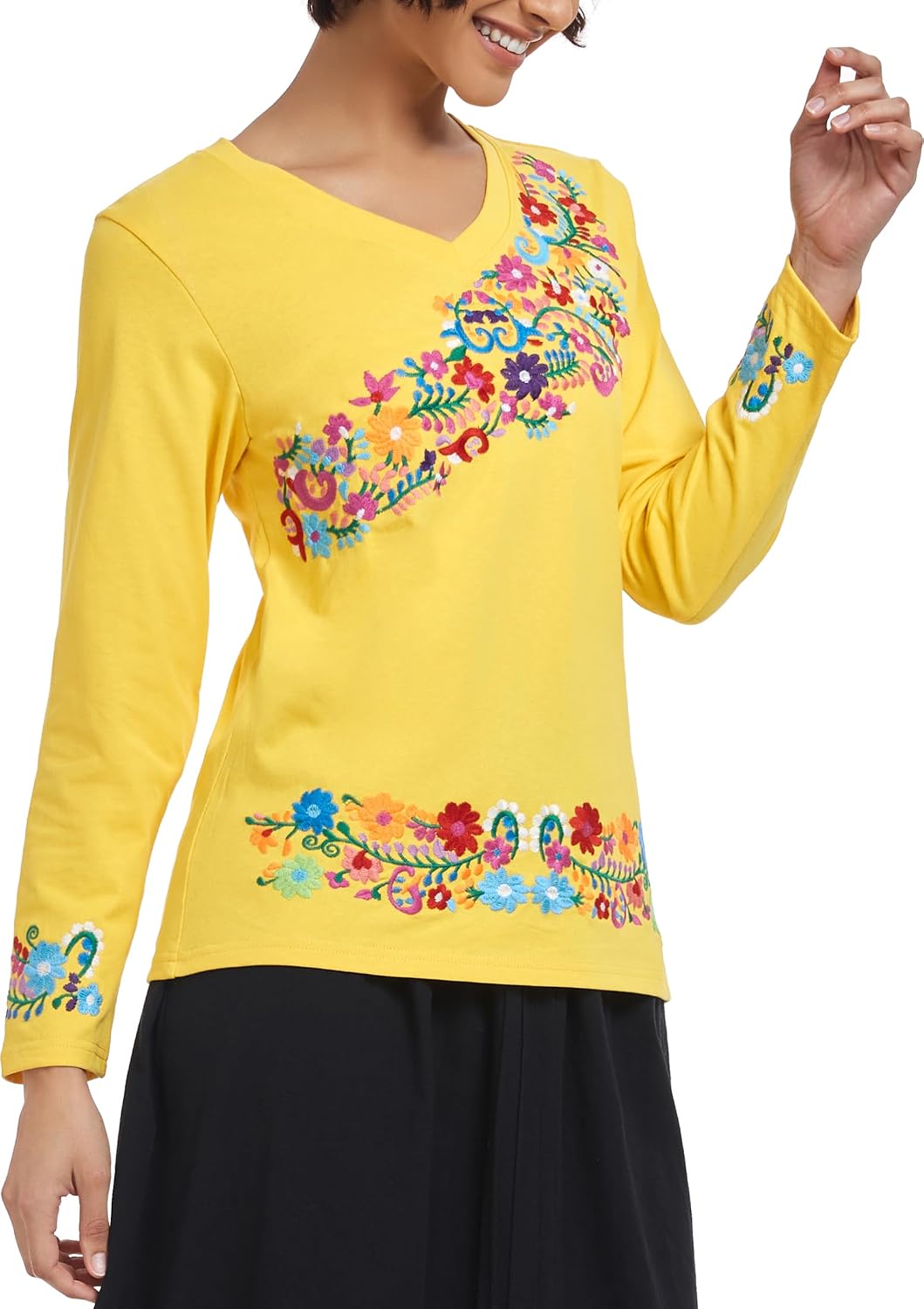 YZXDORWJ Mexican Long Sleeve Shirts for Women Peasant Embroidered Blouse Floral Traditional T-Shirt Boho Tee