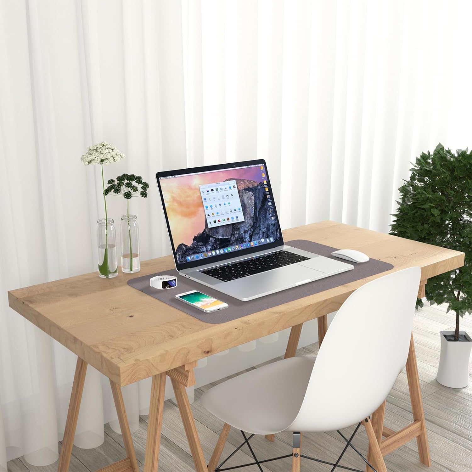 Hsurbtra Desk Pad, 23.6" x 13.8" PU Leather Desk Mat, M Extended Mouse Pad, Waterproof Desktop Blotter Protector, Non-Slip Ultra Thin Small Laptop Keyboard Writing Mat for Office Home, Light Gray - 7
