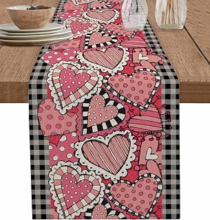 Valentines Table Runner Red Pink Love Heart Table Runners for Dining Room Buffalo Plaid Stripe Spot Dinner Runner Wedding Anniversary Decor 13" x 120"