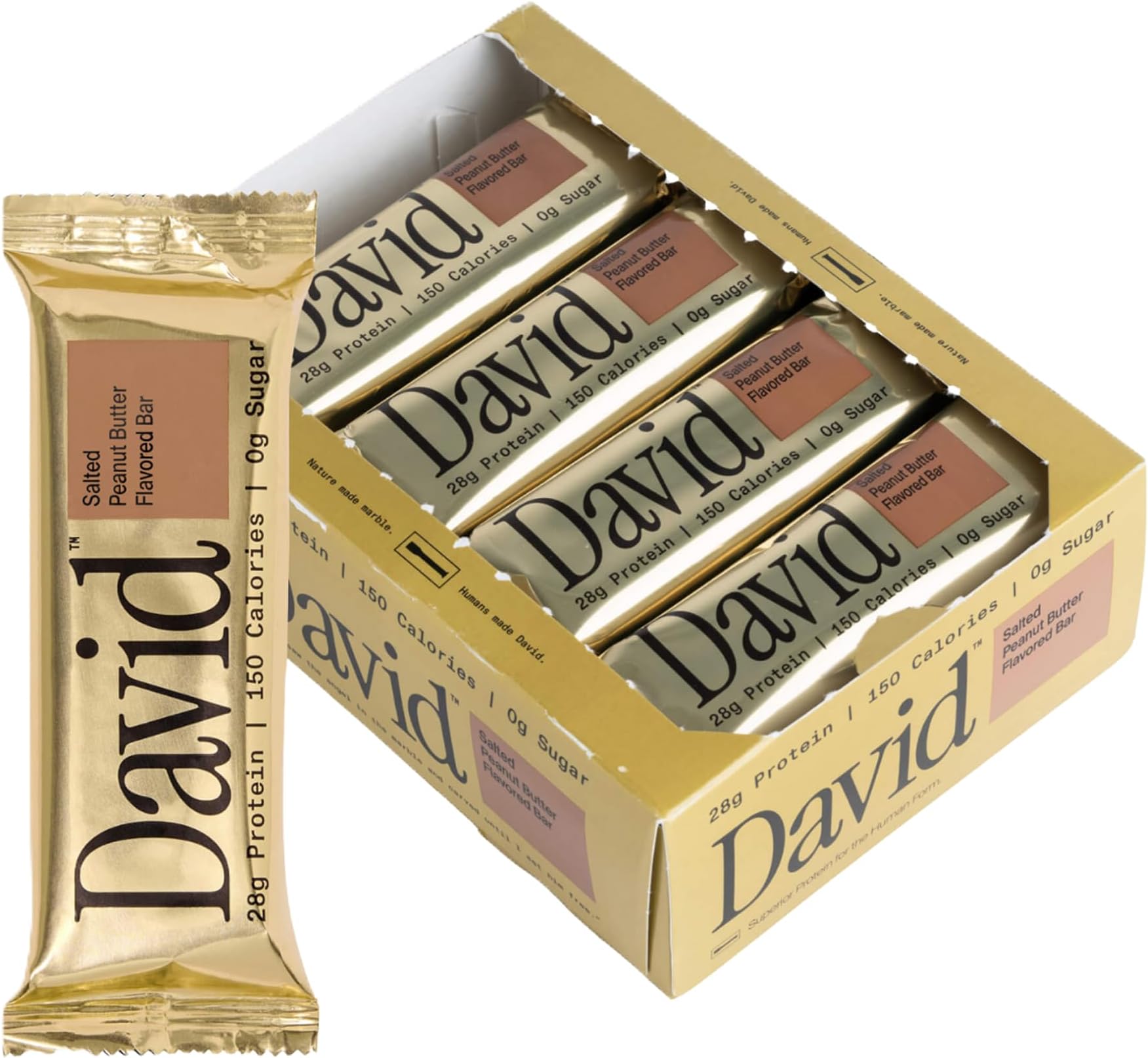 High Protein Bars No Sugar - Sugar Free Protein Bars, Low Carb, Gluten Free - 28g of Protein, 150 Calories - David Bar On-The-Go Snack - Salted Peanut Butter Flavor, Pack of 12