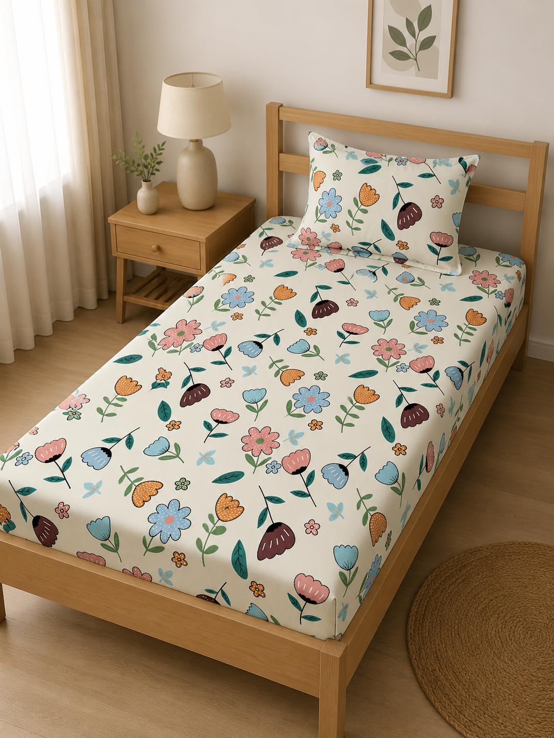 LOOMLYFE 300 TC Cotton Feel Glace Elastic Fitted Printed Single Bed Bedsheet with 1 Pillow Cover Fits Upto 6 Inches Mattress,Size- 50X75cm, PeachFlower