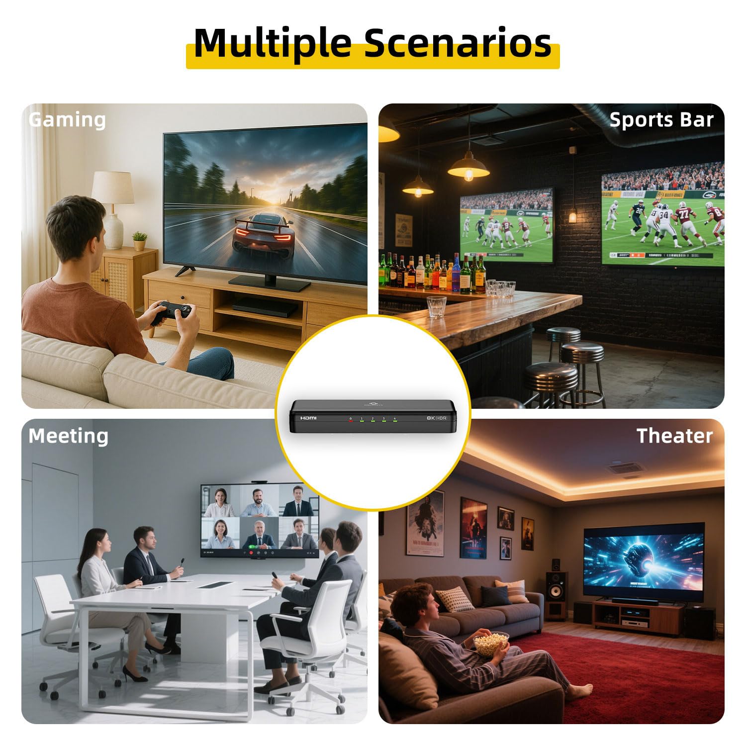 8K HDMI-Splitter 1 in 4 Ausgänge, 1 x 4 Duplikate/Spiegelbildschirme, HDMI 2.1, 8K@60Hz, 4K@240Hz (DSC), 4K@120Hz, automatische Deeskalation, 48Gbps, HDCP 2.3, kompatibel mit Xbox, PS5