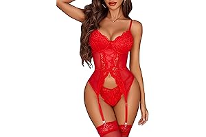 Garter Lingerie for Women Floral Lace Babydoll Bodysuit Bra and Panty Set in Red