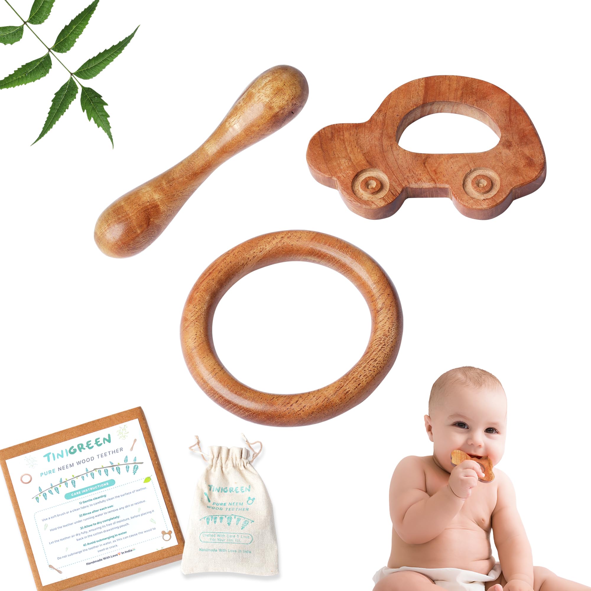 Car Shaped Pure Neem Wood Teether Combo for Infant Baby (Pack of 3)