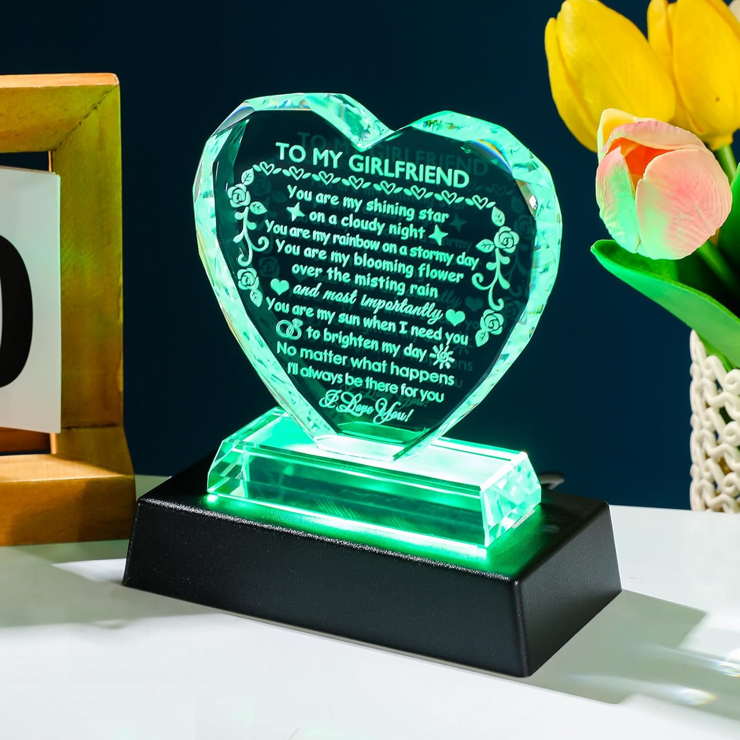 YWHL Romantic Girlfriend Gifts from Boyfriend, To My Girlfriend Crystal Heart Shaped Keepsake with Colorful Light Base, Girlfriend Birthday Gift, Gifts for Girlfriend on Anniversary Valentine - Image 2