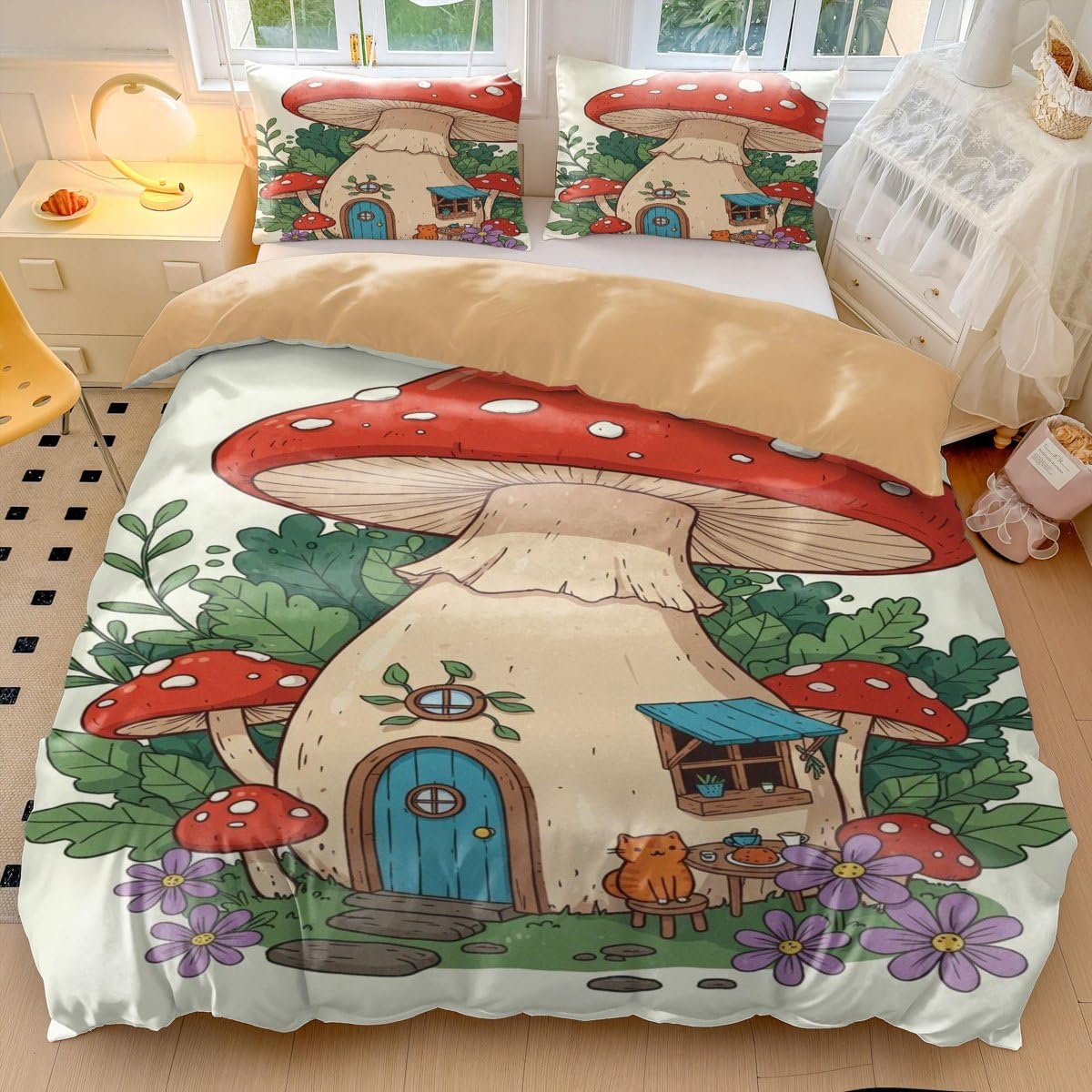 Juego de ropa de cama infantil con diseño de hongos de dibujos animados, funda de edredón de microfibra suave para decoración de dormitorio de niños y niñas (estilo 1, King 240 x 220 cm + 65 x 65 cm x
