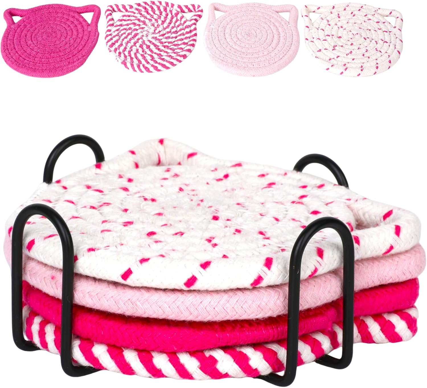 4Pcs Cat Coasters Set, Handmade Hot Pads, Braided Cotton Cat Decor,Cute Coasters Ears Shape for Dining Table,Non-Slip Trivets for Hot Dishes Drinks,Housewarming Gifts Home Decor,Pink Kit with Holder