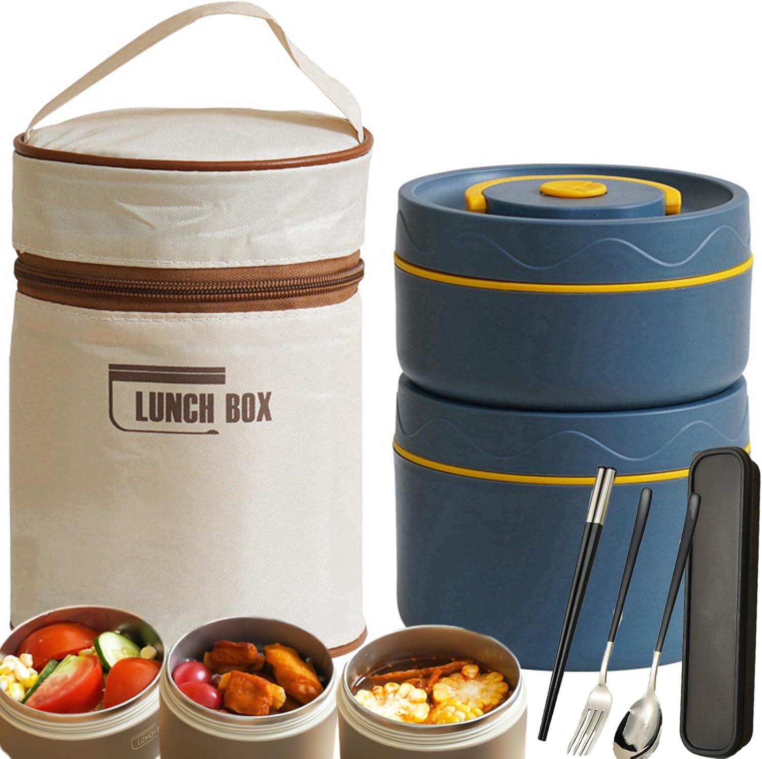 Portable Insulated Lunch Container Set, 2/3/4 Tier Separate Stackable Stainless Steel Thermal Food Containers with Insulated Lunch Bag, Bento Box for Work, Picnics & Camping (3, Beige)