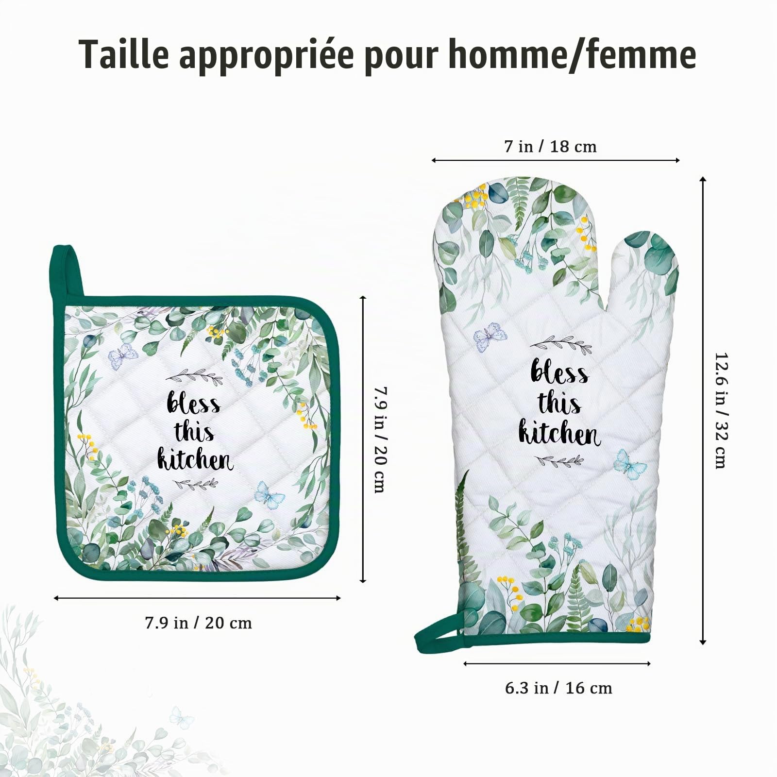 Gants De Four & Maniques Lot De 2, 100% Coton Maniques Cuisine Gant Four Anti Chaleur Extra-Longue pour Barbecue, Cuisine, Griller,Micro-Ondes(Feuilles d'eucalyptus)