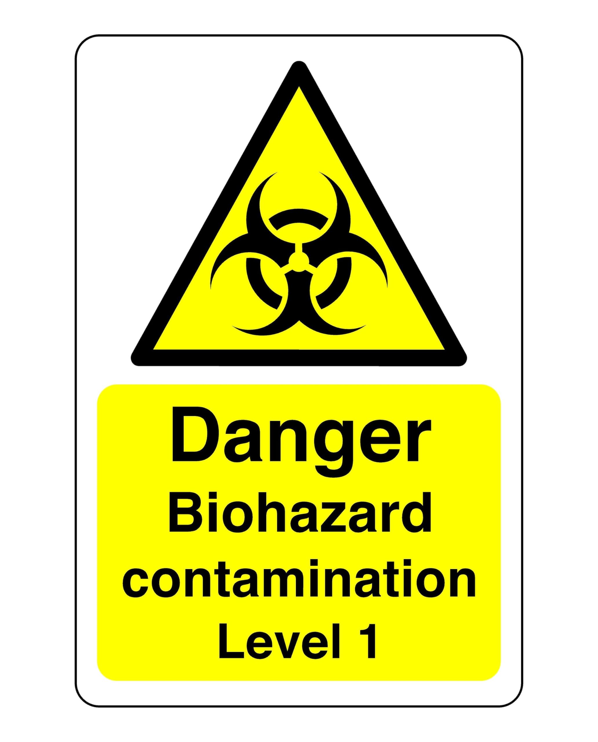 Safety First Display Ltd Yellow/Black Danger Biohazard Contamination Level 1 Sign - High Tack Self-Adhesive Sticker (150Mm X 100Mm) Viewing Distance Within 3M.