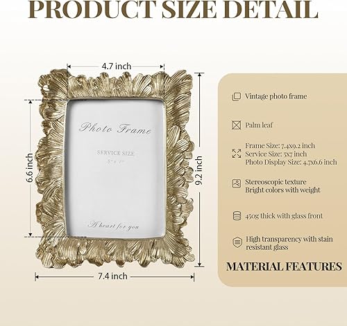 Miniatura 4 de Cuspin Marco de fotos dorado de 5 x 7 pulgadas, hojas de palma doradas vintage, resina hecha a mano con parte delantera de vidrio, elegante marco de