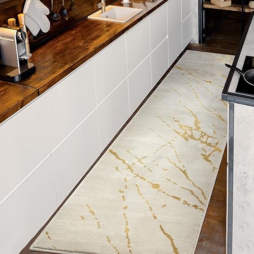 Antep Rugs Babil - Alfombra de pasillo moderna abstracta de mármol dorado de 2 x 7 pies (beige, 2 x 7 pies)