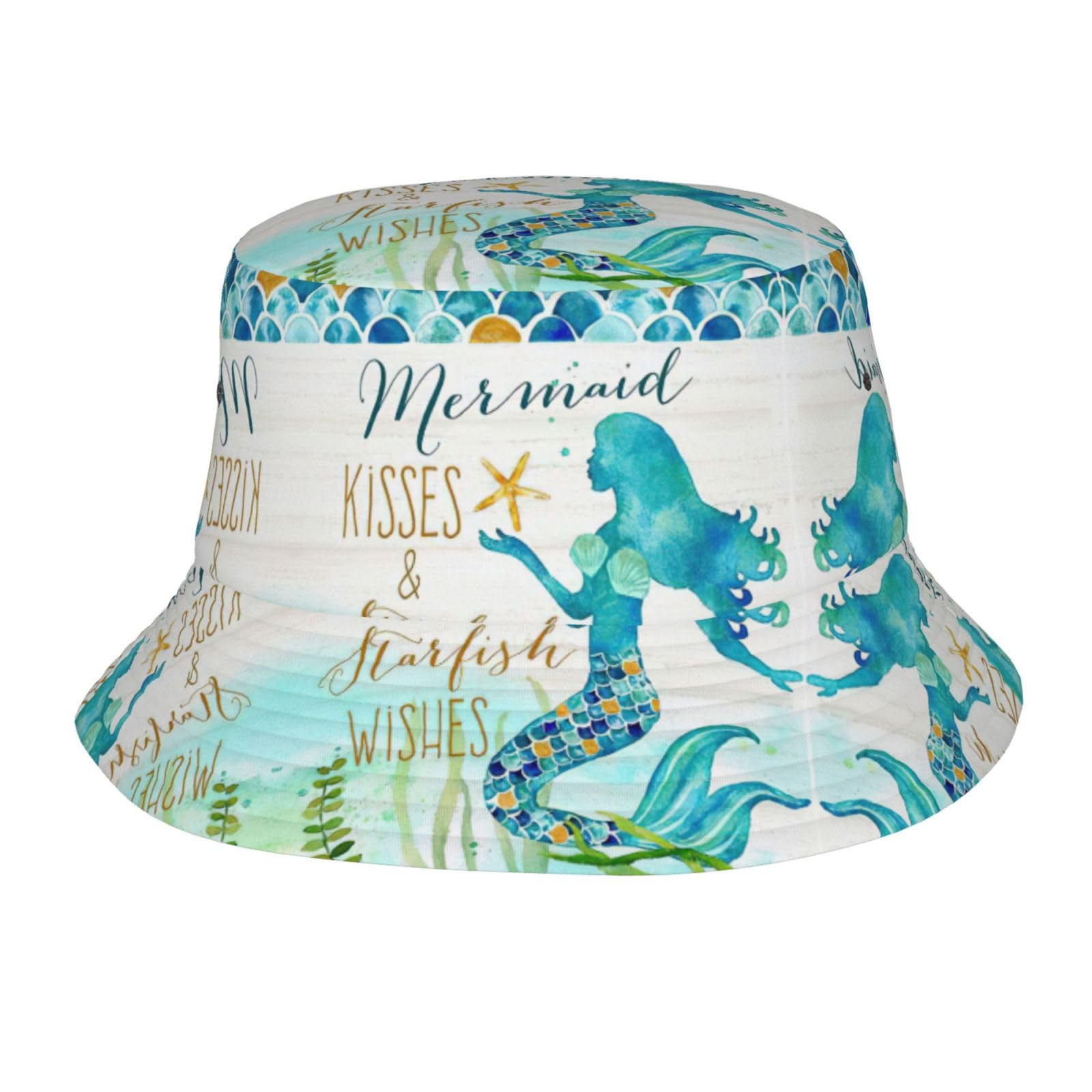 Chabu Unisex Black Retro Mermaid Bucket Hat Sailor Fisherman Hat Sun Cap Wide Brim Folding Travel Hiking Outdoor Work