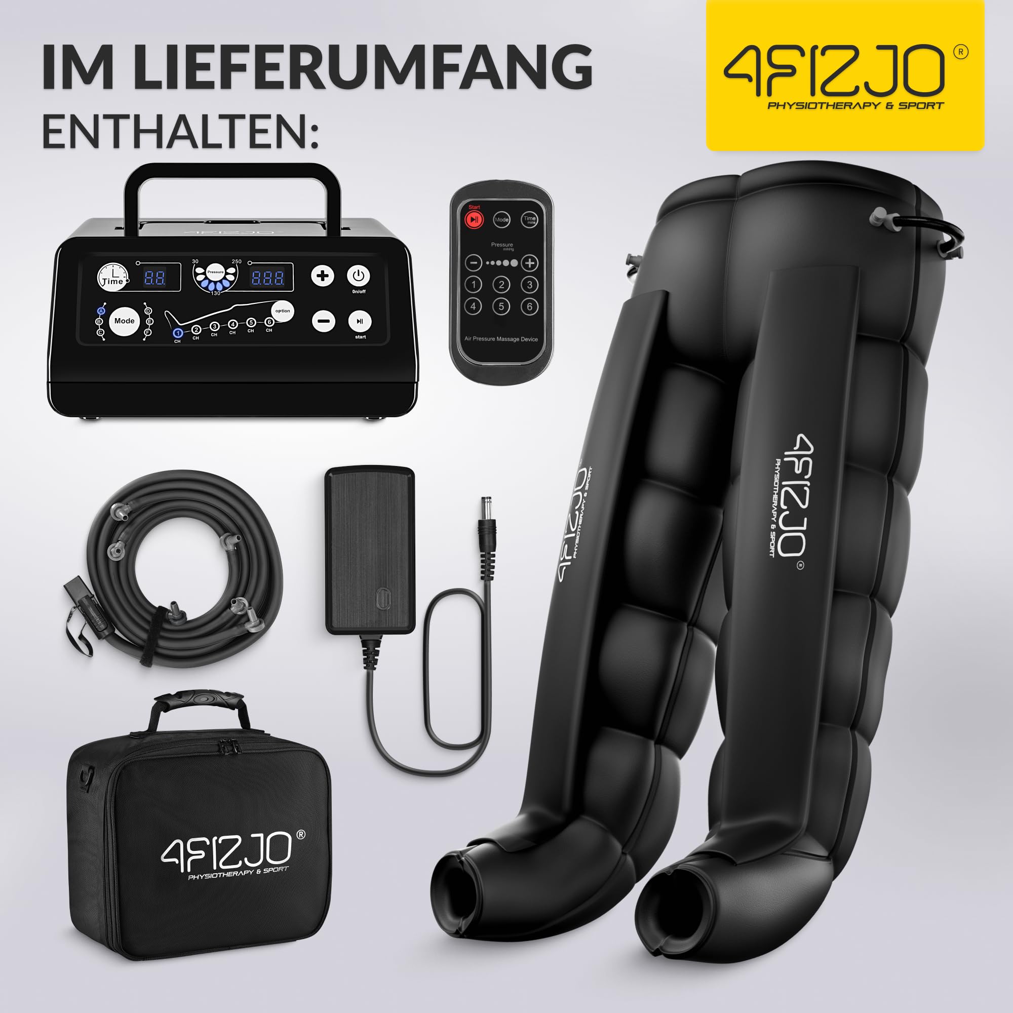 4FIZJO Lymphdrainage-Gerät MED C6, Pressotherapie, Beinmassagegerät, Für Venenrückfluss & gegen Wassereinlagerungen, Maximale Recovery & Entspannung, 30-250 mmHG, 6 Luftkammern, 6 Massageprogramme