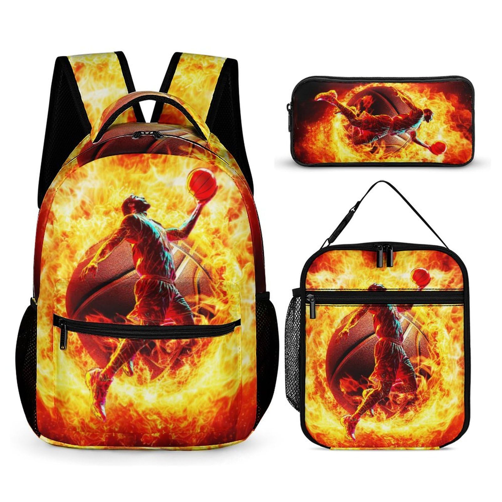 ZCJB-WSRY Basketball Backpack with Lunch Box & Pencil Case, 16 Inch Cool Basketball Themed Bookbag, Adjustable Lightweight Large Capacity, Colorful