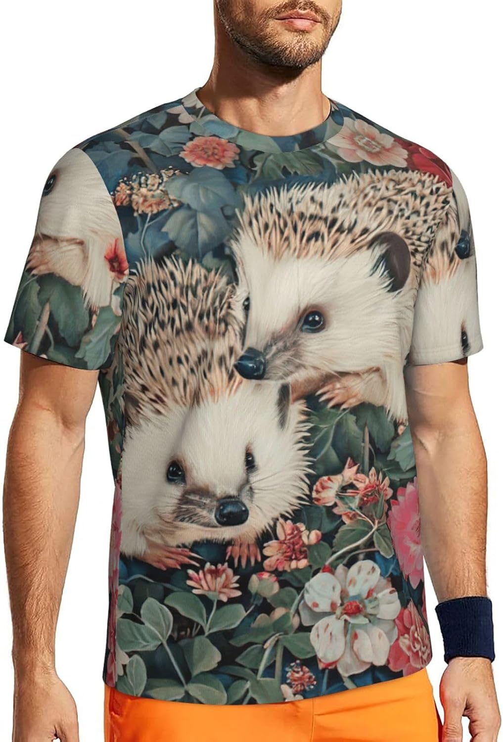 Floral Hedgehogs Print Mens Short Sleeve Mesh T-Shirt Breathable Athletic Gym Running Casual Sports Wear