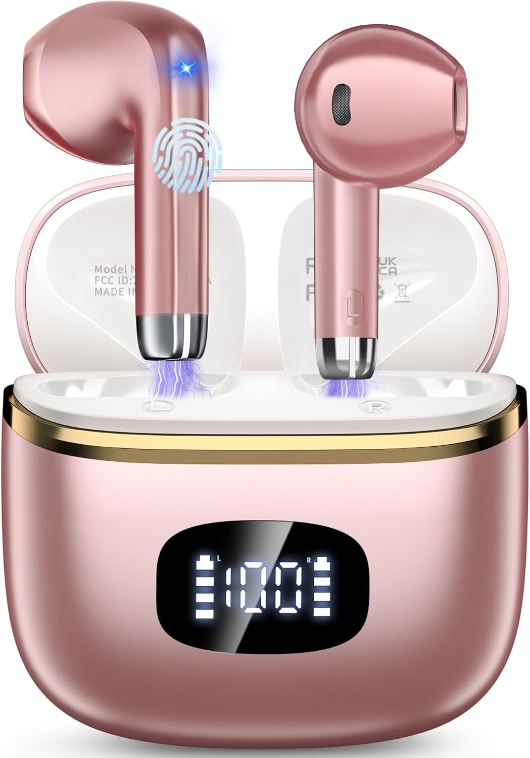 Wireless Earbuds Bluetooth Noise Cancelling for iPhone Android with 4 ENC Mic, Dual LED Display, 50H Playtime IPX7 Waterproof in Ear Headphones, Rose Gold