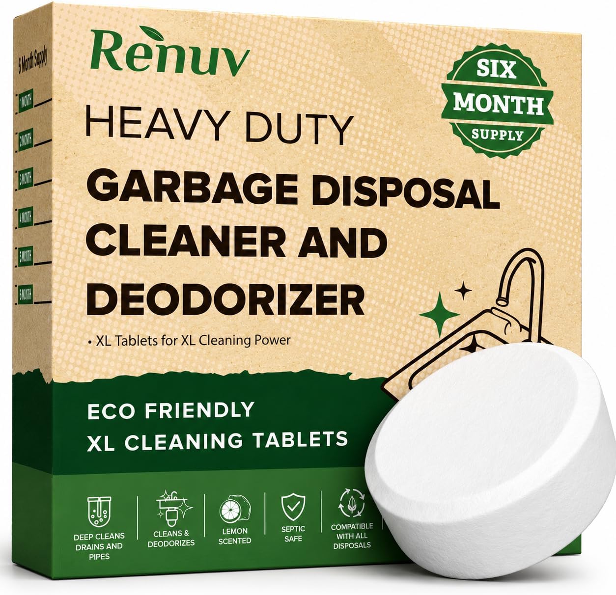 Renuv® Garbage Disposal Cleaner and Deodorizer Tablets, 6 XL Tablets