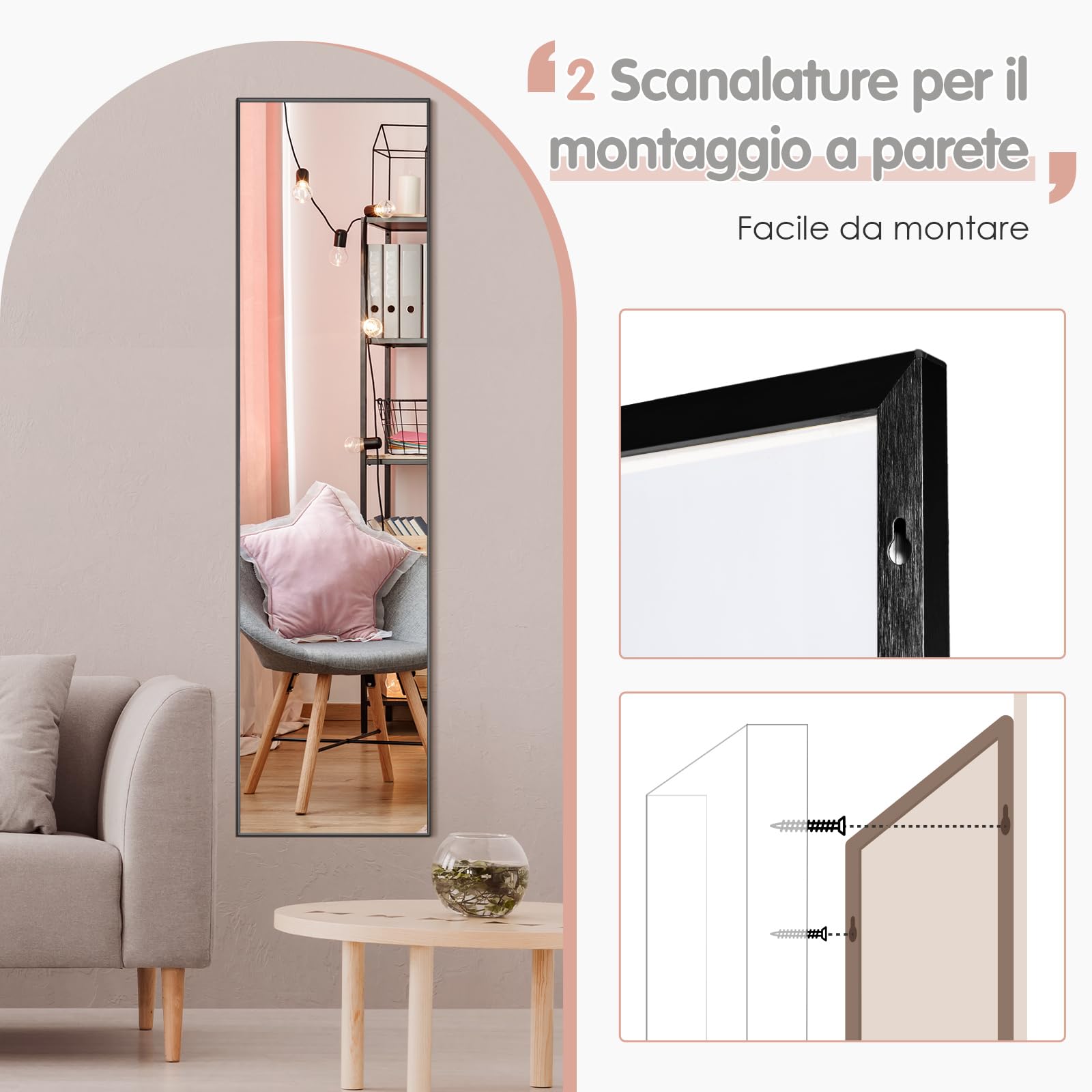 RELAX4LIFE Specchio indipendente 160×40cm, specchio a tutta lunghezza con vetro infrangibile e cornice in lega di alluminio, specchio da parete per soggiorno, camera da letto e guardaroba (nero)