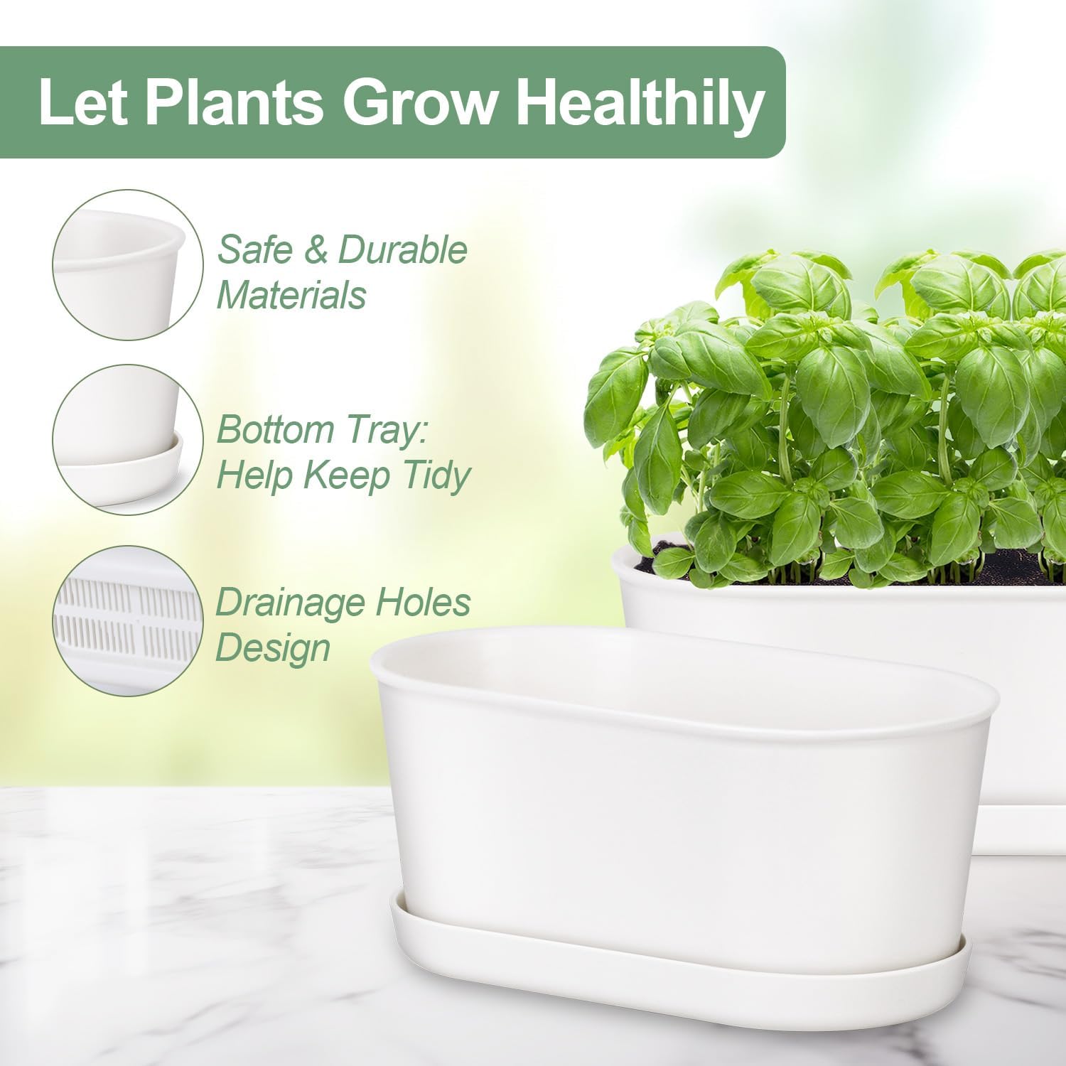 Oliz Set of 8 White Oval Window Sill Planters with Drainage Holes and Trays（7 Inch） for Herbs Basil Orchids Succulents, Modern Herb Garden Planter for Indoor/Outdoor Plants