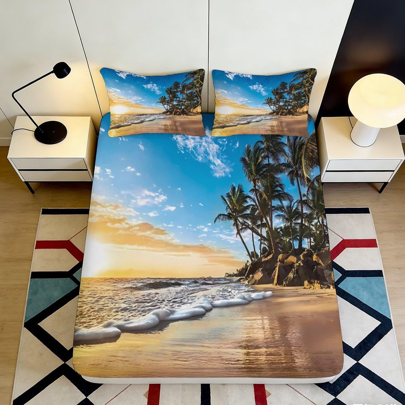 3D Printed Beach Sunset Fitted Sheet Microfiber Soft Tropical Palm Mattress Cover for Bedroom Guest Room Decor 90x200x25cm