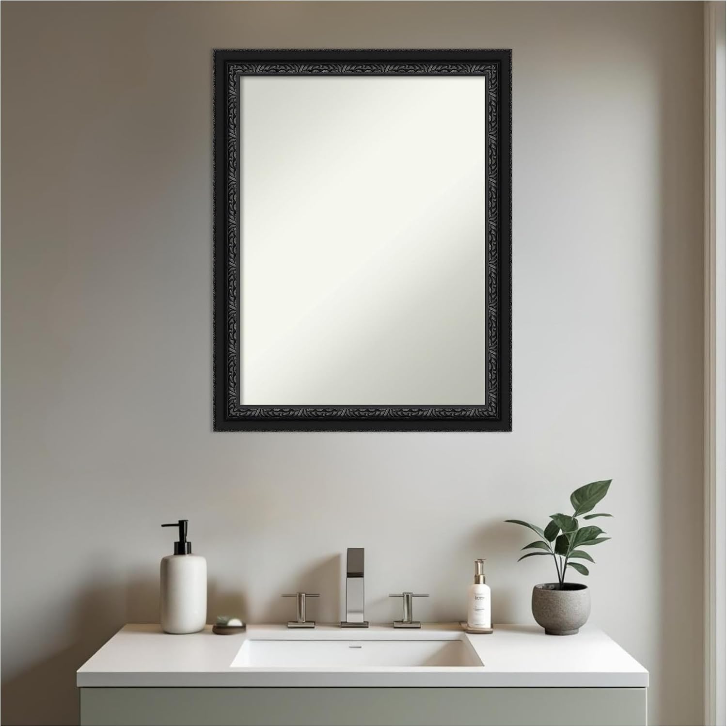 Amanti Art Black Bathroom Mirror for Over Sink, 28x22 Downton Black Rectangle Vanity Mirror, Medium Traditional Wood Frame, Hangs Horizonally and Vertically, Bathroom Wall Decor, Non-Beveled Edge