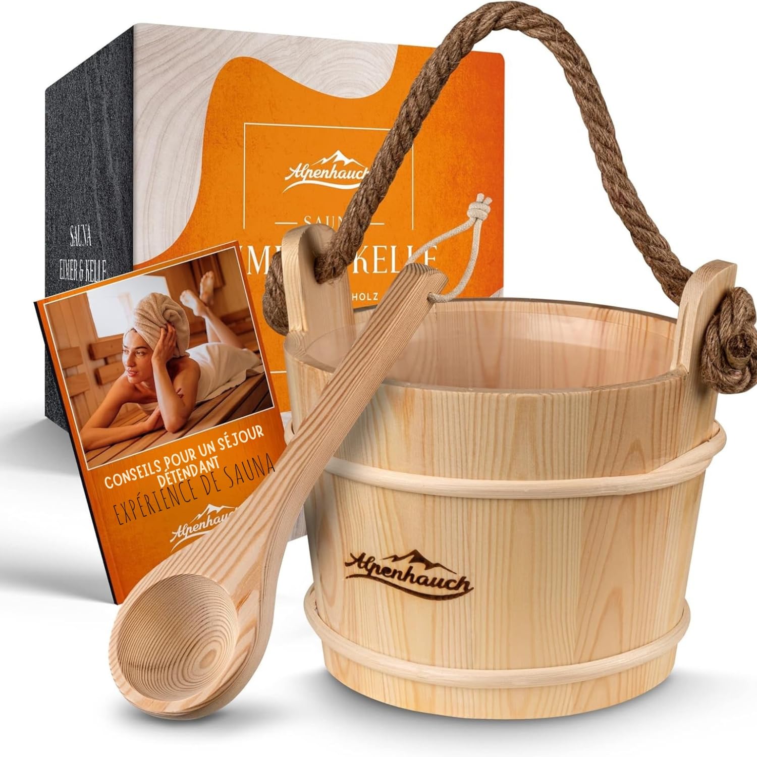 ALPENHAUCH Seau de sauna avec truelle [100% bois naturel] – Seau de sauna élégant avec truelle – Accessoires de sauna durables – Ensemble seau à infusion