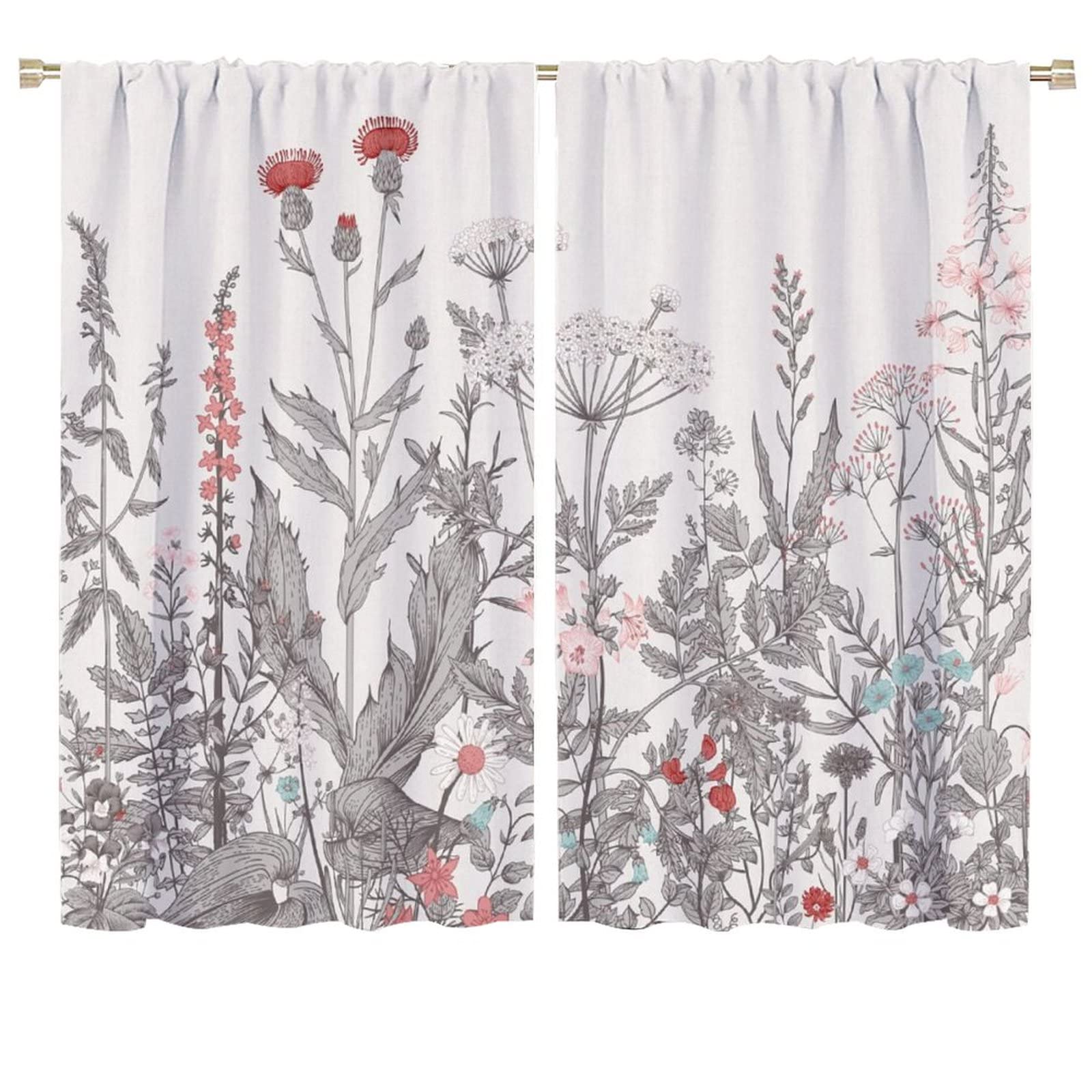 Rustic Flower Curtains Green Leaf Vintage Floral Colorful Plant Herbs Women Wildflower Blossom Botan for Home Kitchen Office Coffee Room Curtains Window Curtain 2 Panels 72x63in