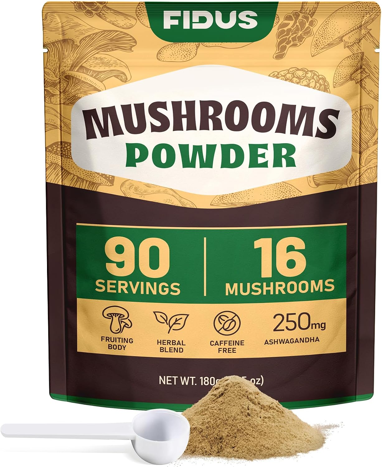 Fidus Adaptogenic Mushroom Powder | 16 in 1 Blend with Lions Mane, Chaga & Reishi | 17300mg Plant-Based Support for Clarity & Balance | 90 Servings