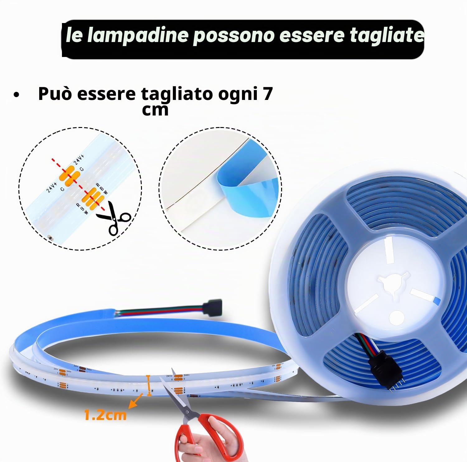Striscia LED COB 24V RGBCW dimmerabile, da 10 m RGB+bianco freddo 6000K Catena luminosa a 672 LED/m Alta densità, striscia flessibile senza punti luminosi per cucina