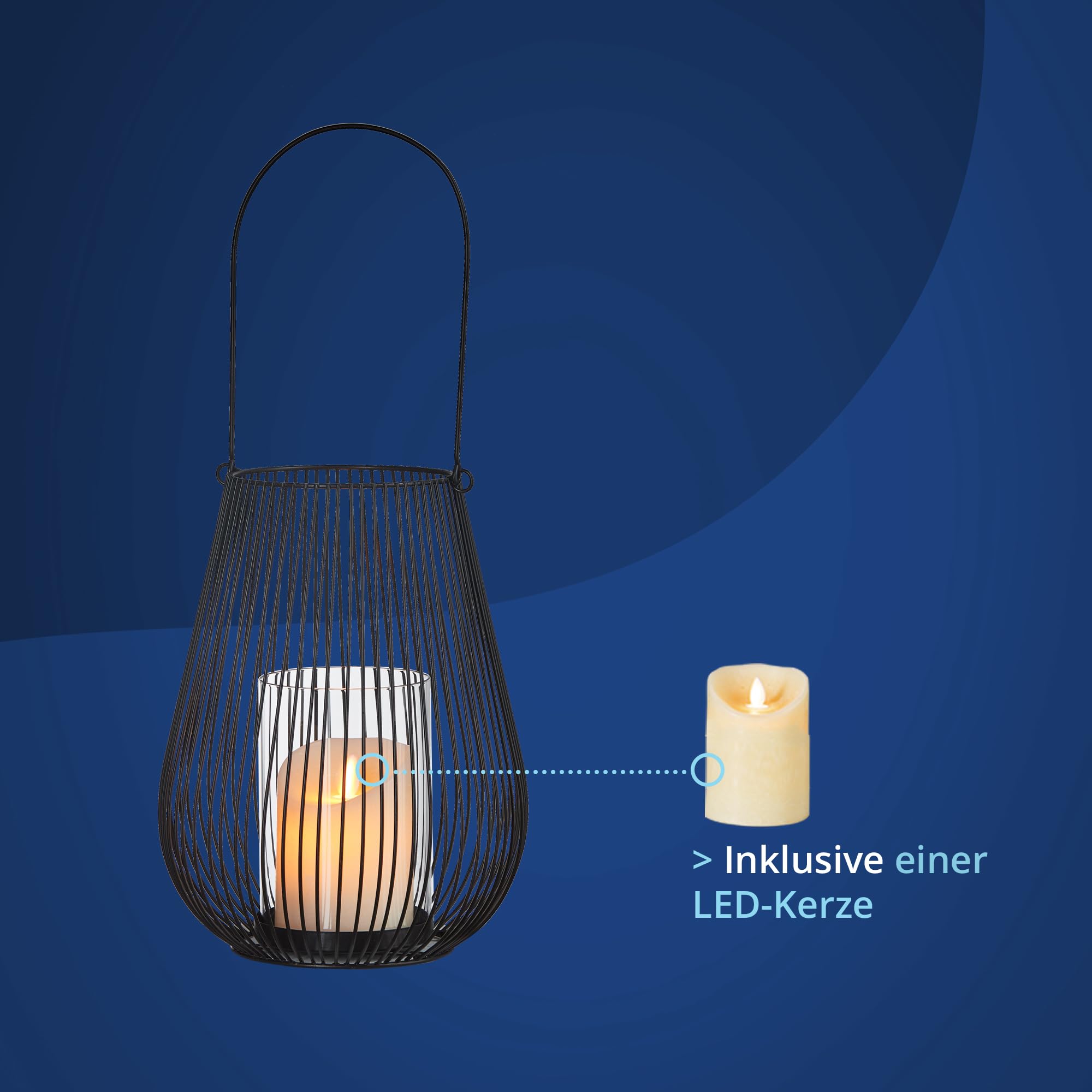 KHG Windlicht 2er Set mit LED-Kerze in schwarz aus Metall, mit Glaseinsatz, Kerzenständer, Kerzenhalter, Outdoor und Indoor, Deko, für Wohnzimmer, Balkon, Terrasse, Garten usw.