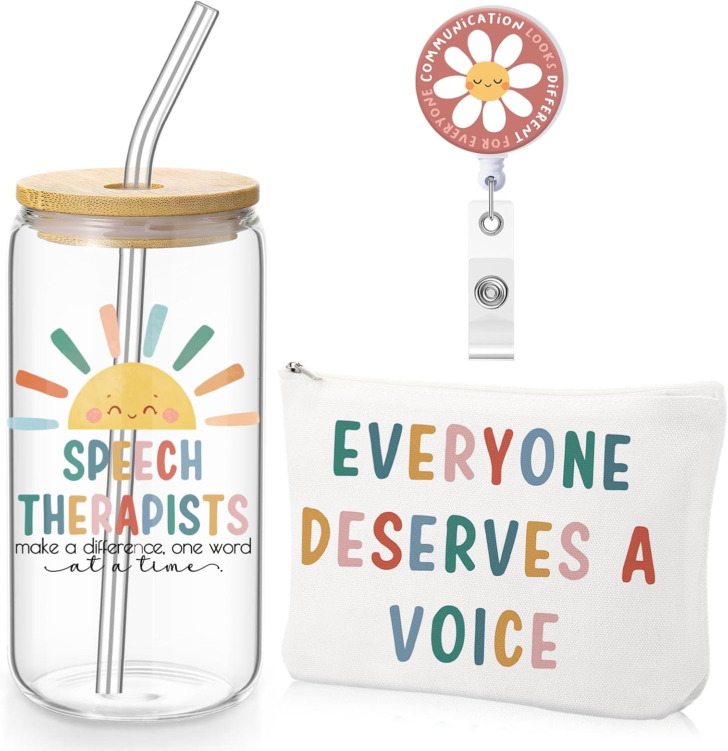 3 Pcs Speech Therapist Appreciation Gifts Set Included 16 oz Glass Cups with Lid Makeup Bag Badge Reel Gift for Speech-language Pathologist Nursing Assistant