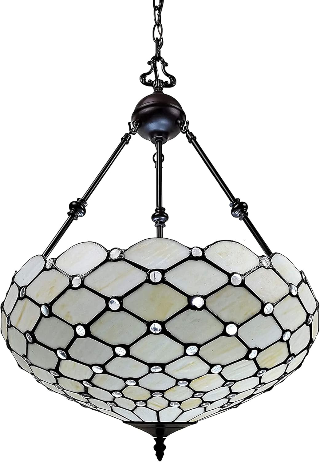 Amora Vintage Tiffany Style Ceiling Lamp - 18” x 9” White Jeweled Stained Glass Chandelier Lighting - Antique Dining Room Light Fixtures Ceiling
