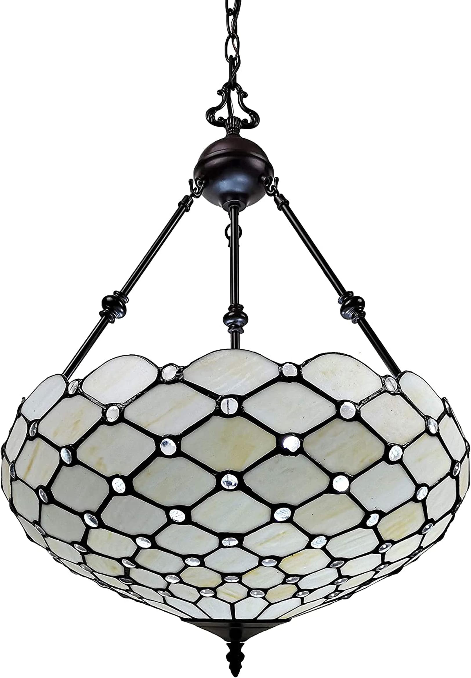 Amora Vintage Tiffany Style Ceiling Lamp - 18” x 9” White Jeweled Stained Glass Chandelier Lighting - Antique Dining Room Light Fixtures Ceiling