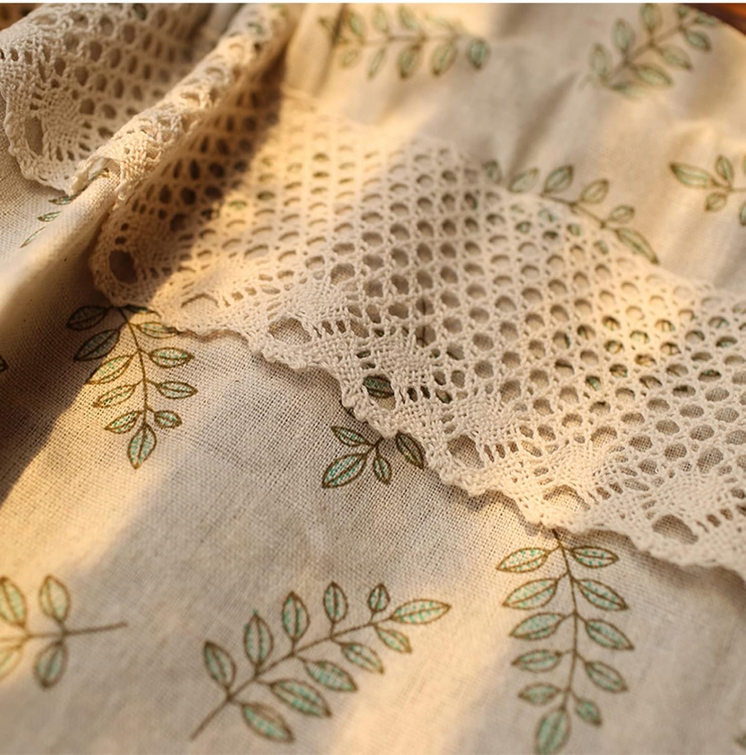 A.Monamour Beige Cotton Linen Green Leaf Retro Rustic Farmhouse Country Rod Pocket Opaque Short Curtain for Small Window Drapes Window Treatment Valance Shades for Kitchen Café Bathroom