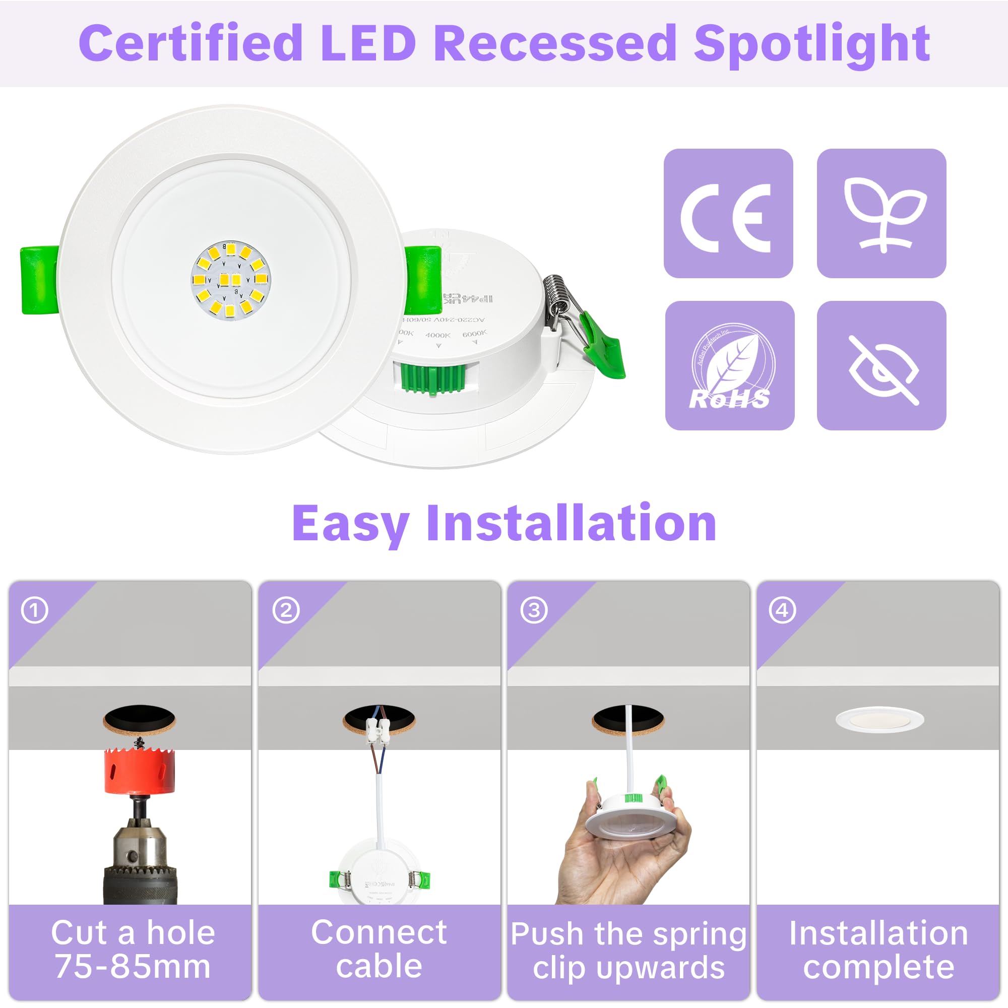 Downlight LED Techo Empotrable Extraplano 230V, 6W 750LM Focos LED Empotrables Techo Blanco Cálido Blanco Neutro Blanca Frío, IP44 Ojos de Buey, Corte 75-85mm, No Regulable, Blanco 10 Pack