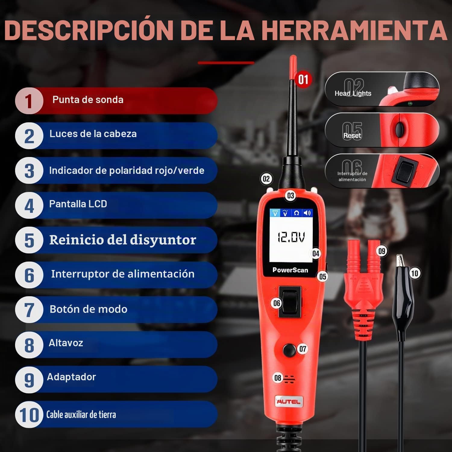 Autel PowerScan PS100 Kit Sonda Circuito, Herramienta Diagnóstico Sistema Eléctrico 12V 24V,Lectura Resistencia Corriente CA/CC, Activación Componente,Prueba Corto/Tierra/Continuidad/Remolque,6M Cable