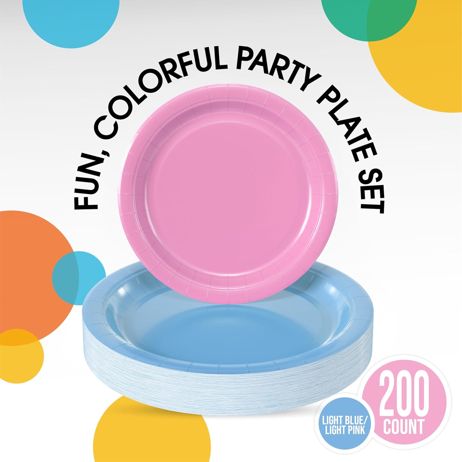 Party Solids Exquisite Light Blue & Pink Mixed Paper Plates - 7" & 9", 200 Pack (100 each), 350 GSM