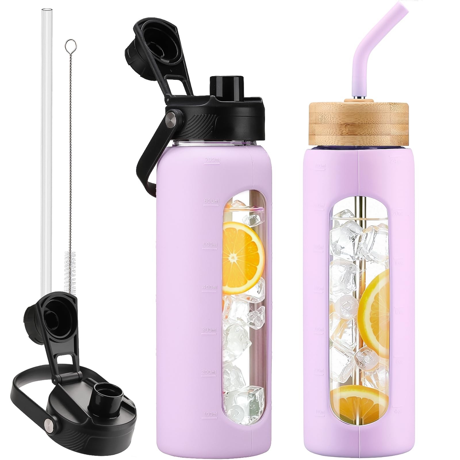 24 oz Glass Water Bottle with Straw and 2 Lids, Light Purple