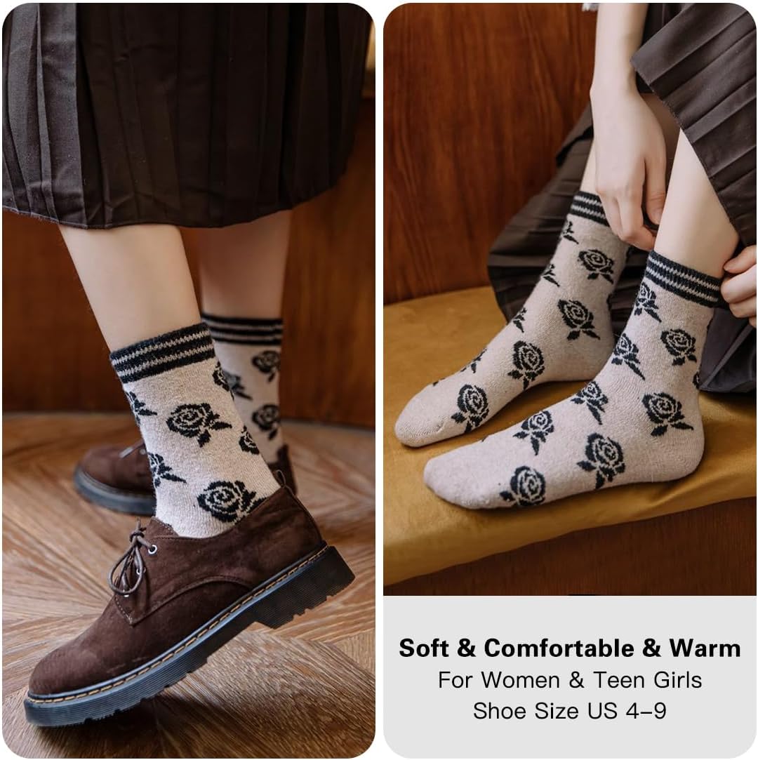 MarJunSep ウール 秋 ブーツソックス 女性 ティーン ガールズ 厚手 ニット ヴィンテージ キュート 花柄 ハイキング 冬