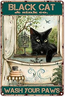 Funny Bathroom Quote Metal Tin Sign Wall Decor - Vintage Black Cat Wash Your Paws Tin Sign for Office/Home/Classroom Bathroom Decor Gifts - Best Farmhouse Decor Gift for Women Men Friends - 8x12 Inch