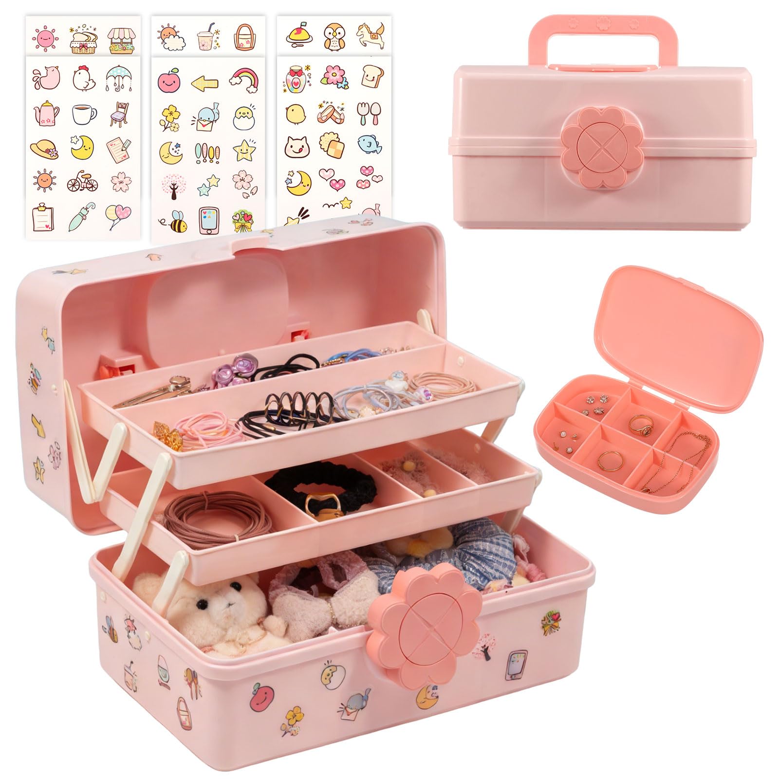 Haar-Accessoires-Organizer für Mädchen und Frauen, Rosa, 3-lagig, Mehrzweck-Aufbewahrungsbox mit abschließbarem und Griff, niedlicher Haar-Accessoire-Organizer, tragbare Bastelaufbewahrungsboxen zum