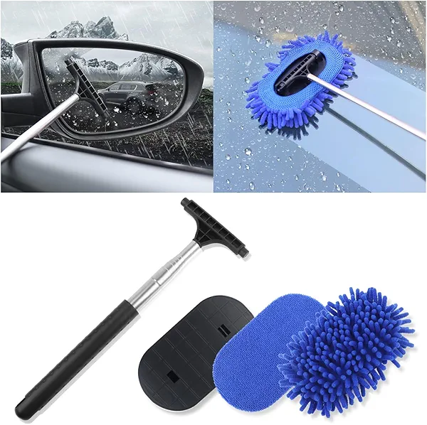 Microfiber Car Windshield Cleaner Tool,Extendable Outside Inside Windshield Cleaning Tool with Non-Slip Handle,Multi-Purpose Car Window Cleaner Tool Kit with 2 Re-usable Microfiber Pads