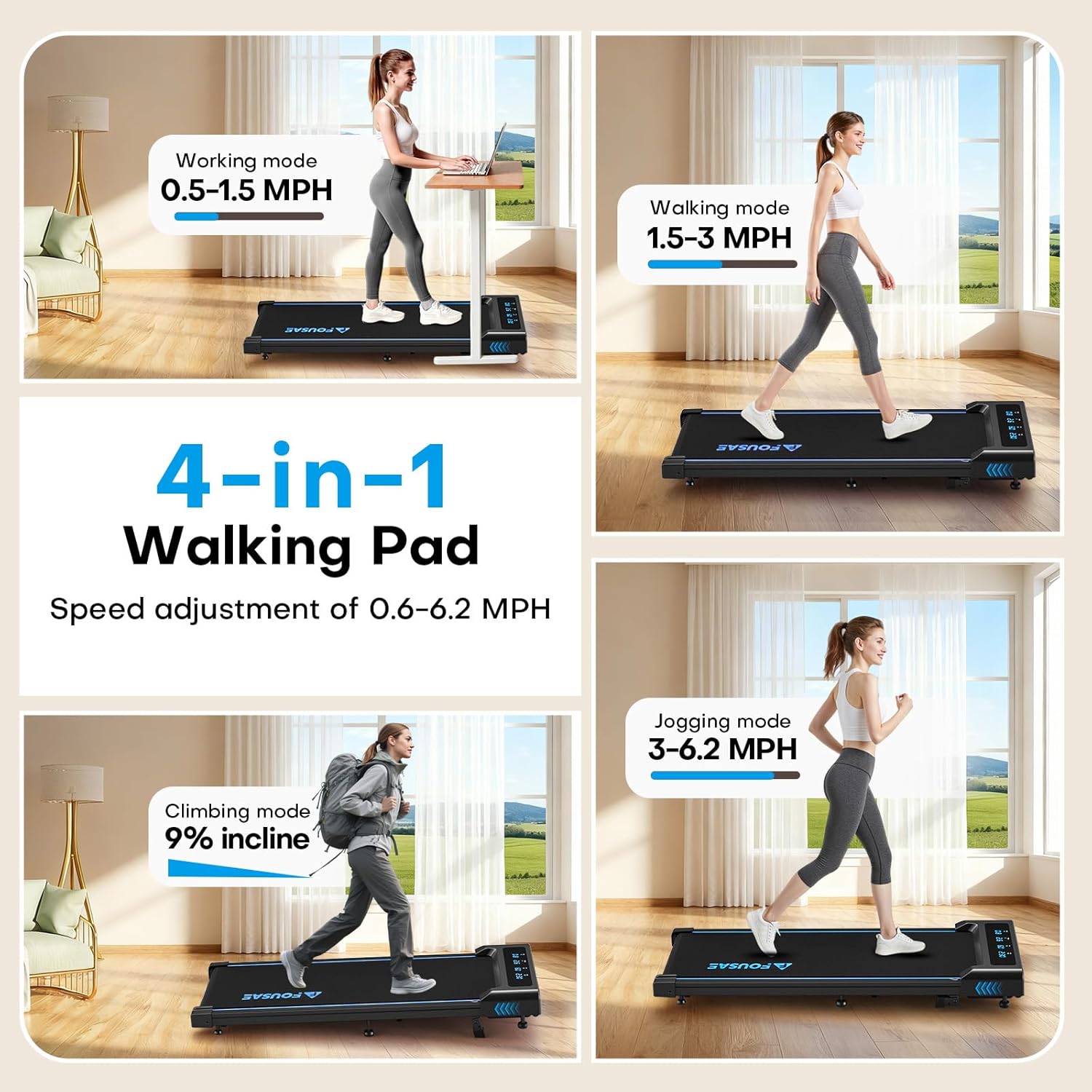 Four modes of use for FOUSAE walking pad: working, walking, jogging, climbing