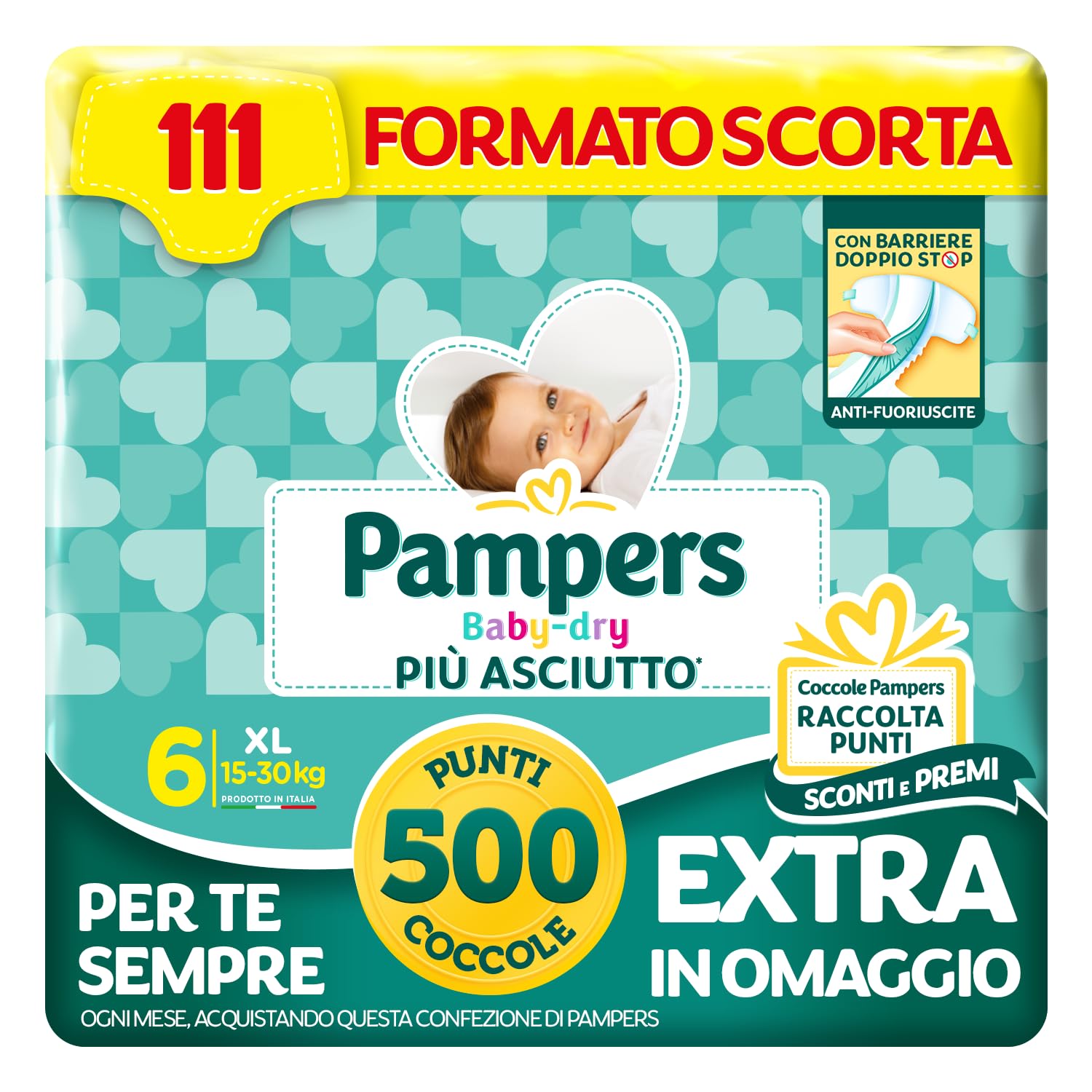 Pampers Baby Dry XL, Taglia 6 (15-30 kg), Formato Scorta, Barriere Anti-Fuoriuscite, Più Asciutto Fino a 12h, Linguette Rinforzate e Avvolgenti, 111 Pannolini Bambino + 500 Punti Omaggio