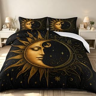 Black and gold sun and moon duvet cover with star print