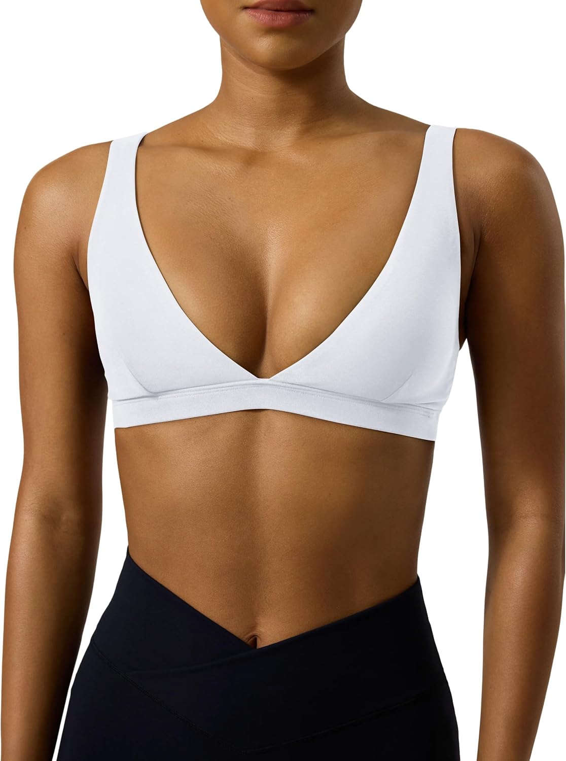 PAVOI ACTIVE Deep V Neck Sports Bra for Women - Low Coverage Open Back V Plunge Low Cut Workout Bra Removable Pads - FlexFlow