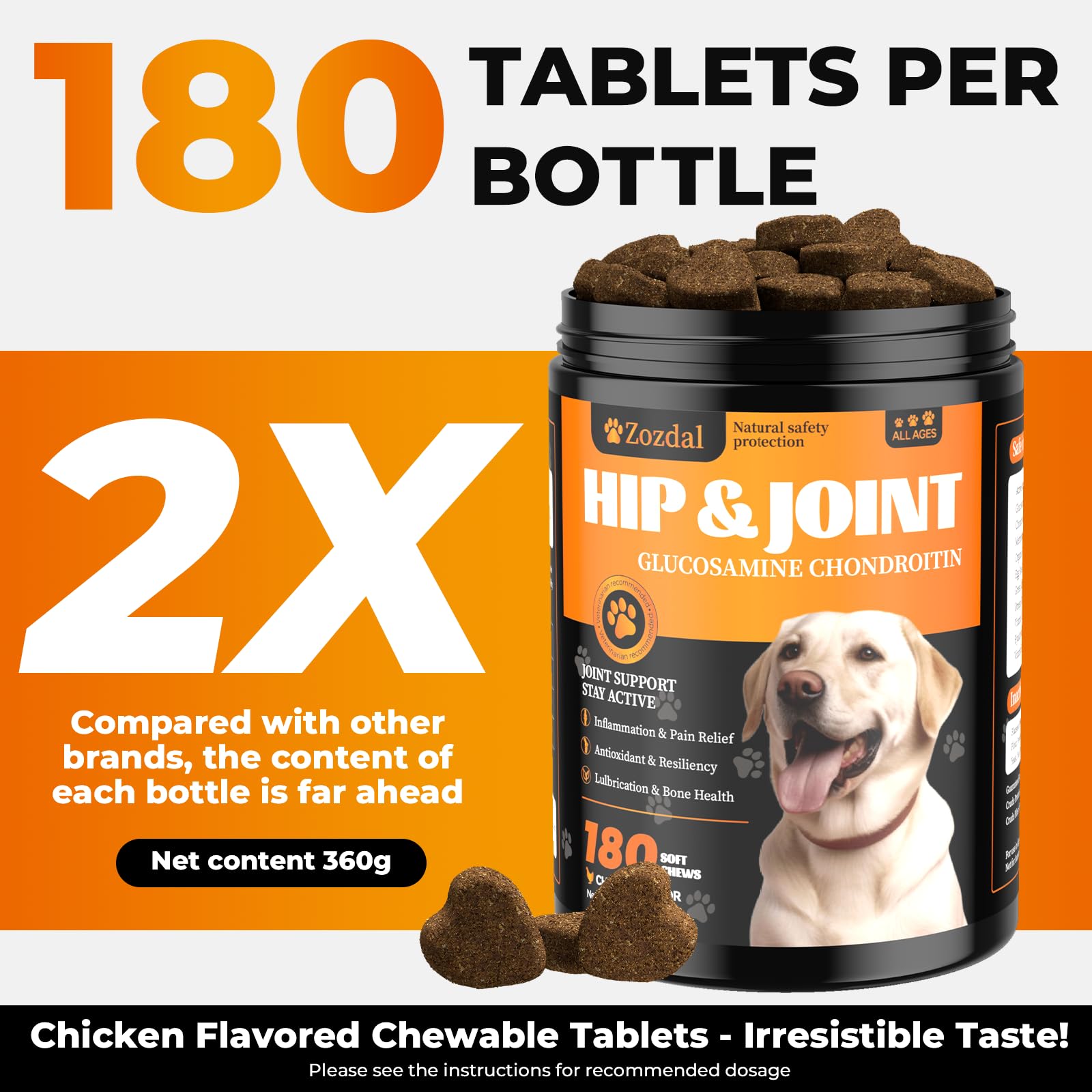 Zozdal Joint Supplement for Dogs, 180 Chicken Flavor Chews, Glucosamine Chondroitin with MSM, Turmeric & Green Lipped Mussel, for Large Breed & Senior Dogs, Hip & Joint Pain Relief and Health Support - image 6