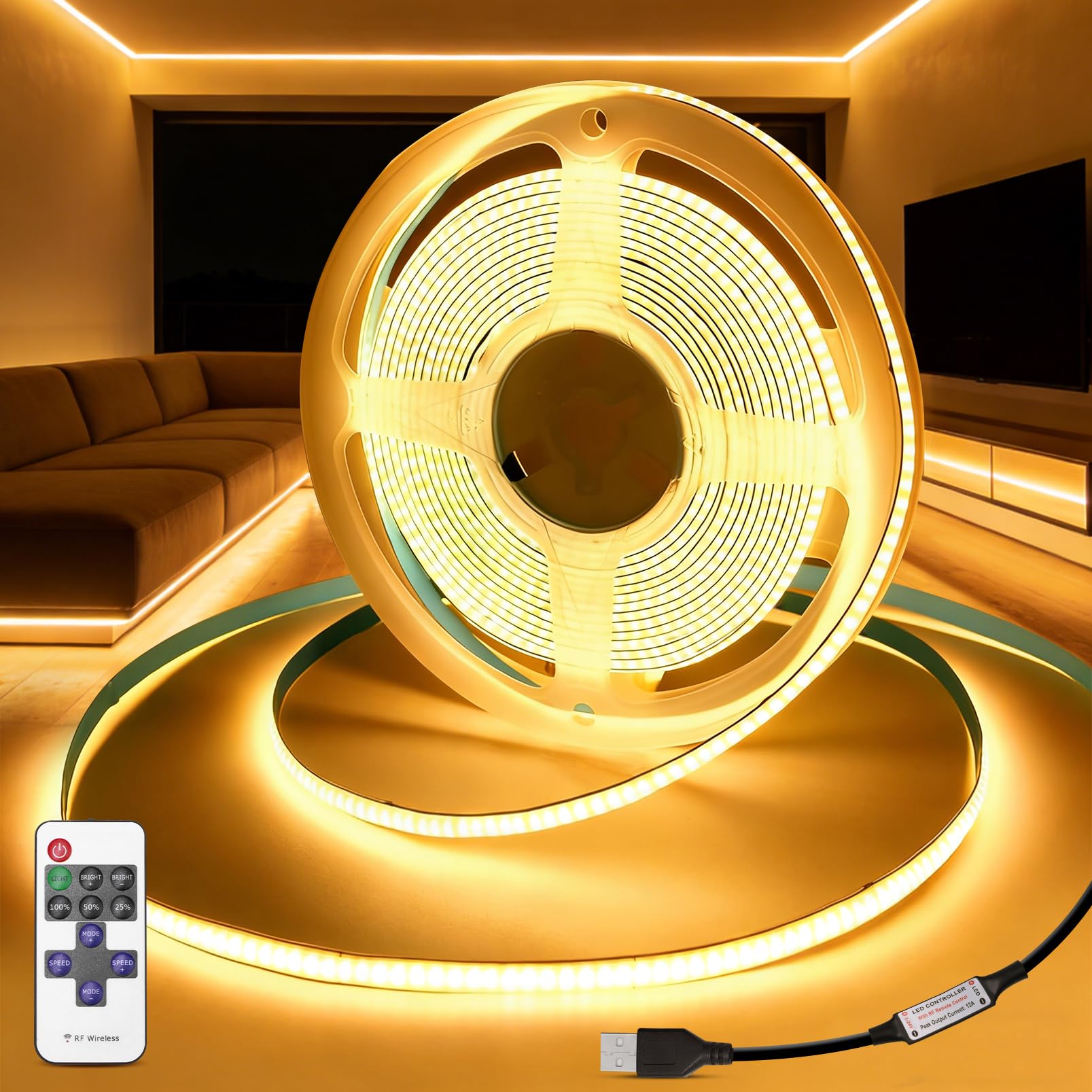 KSIBNW 5V USB COB LED Strip Lights with Remote Control,Dimmable 3M Led Light Strip Warm White 3000K LED Tape Lights Flexible TV Backlight with 1M USB Powered for Bedroom Cabinet Kitchen Decoration — image 1