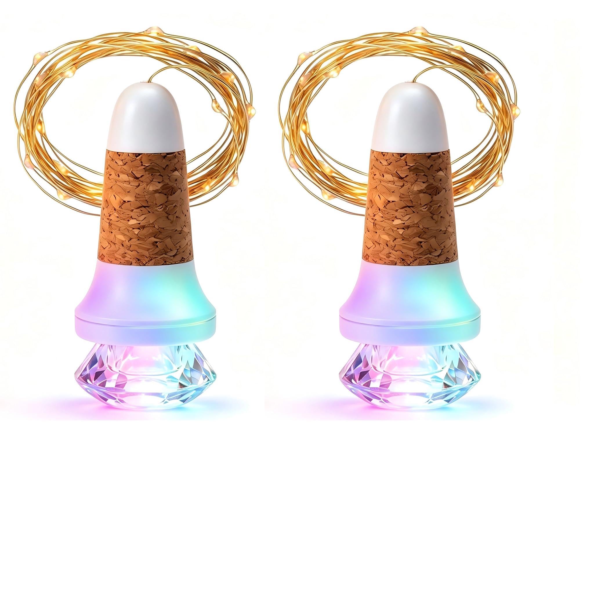 2 Pack Wine Bottle Lights with Cork, 7 Color Slow Flash Bottle Light With